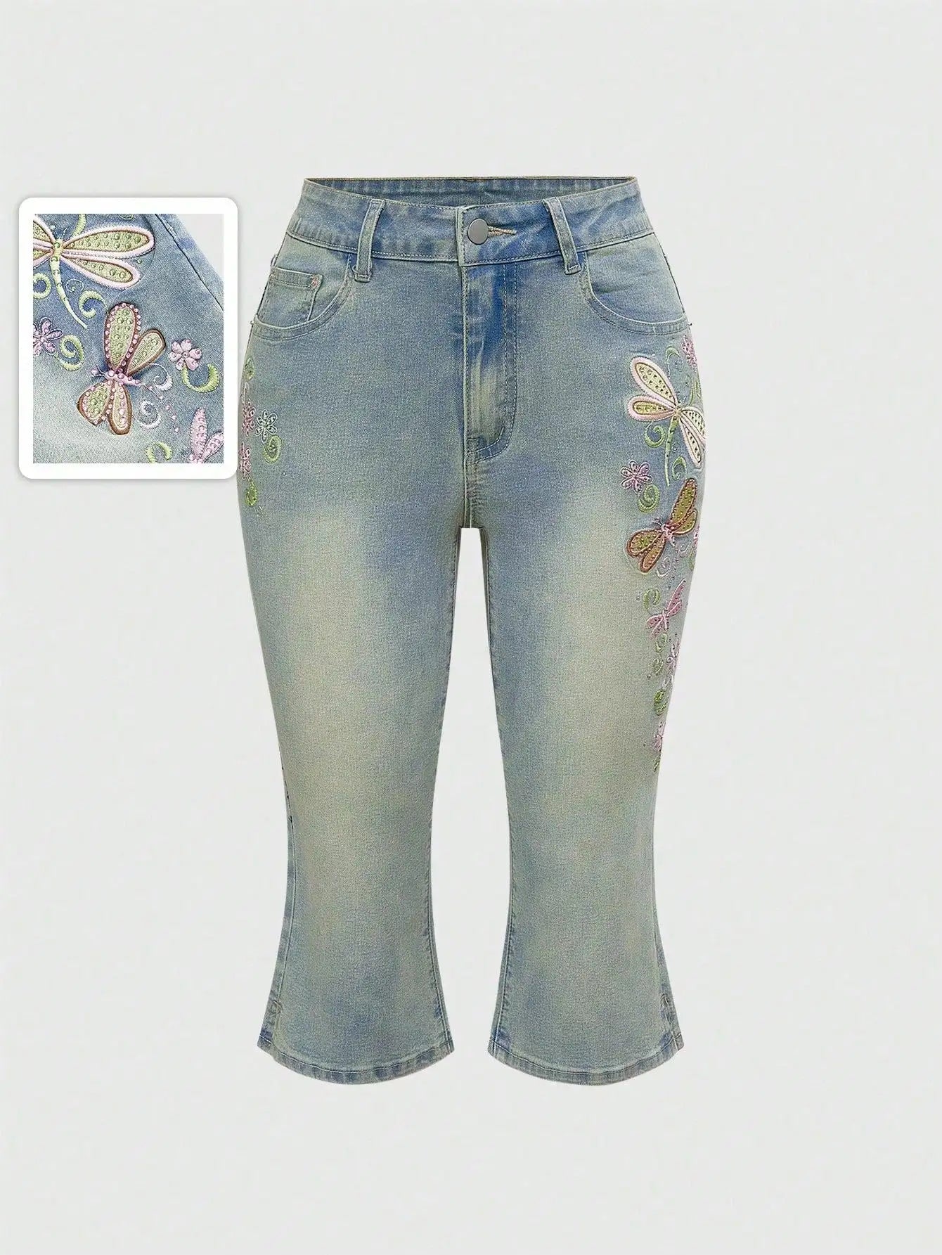 Y2K Fairycore Dragonfly Embroidery Capri Jeans, Low Waist, Summer Retro Style